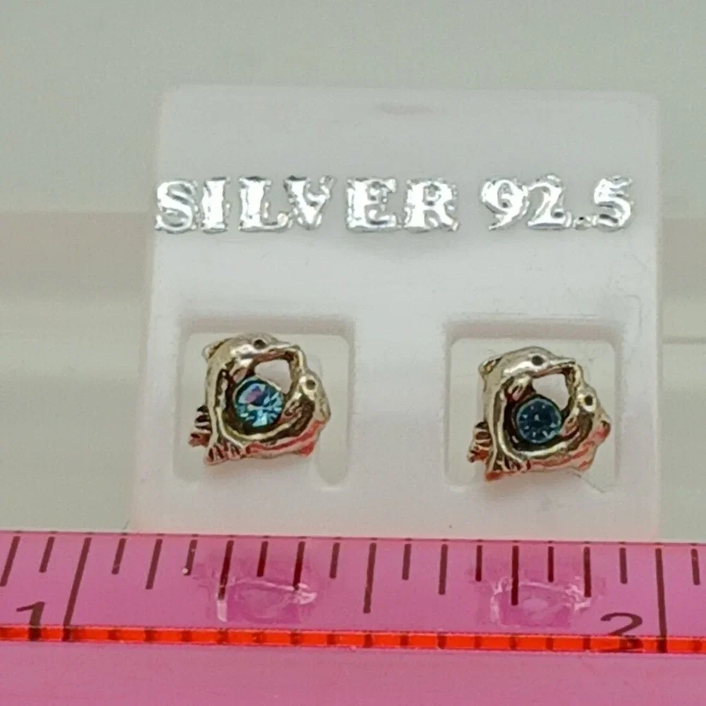 Sterling Silver 925 Dolphin Stud‎ Earrings Blue Crystal Nautical Vintage Jewelry